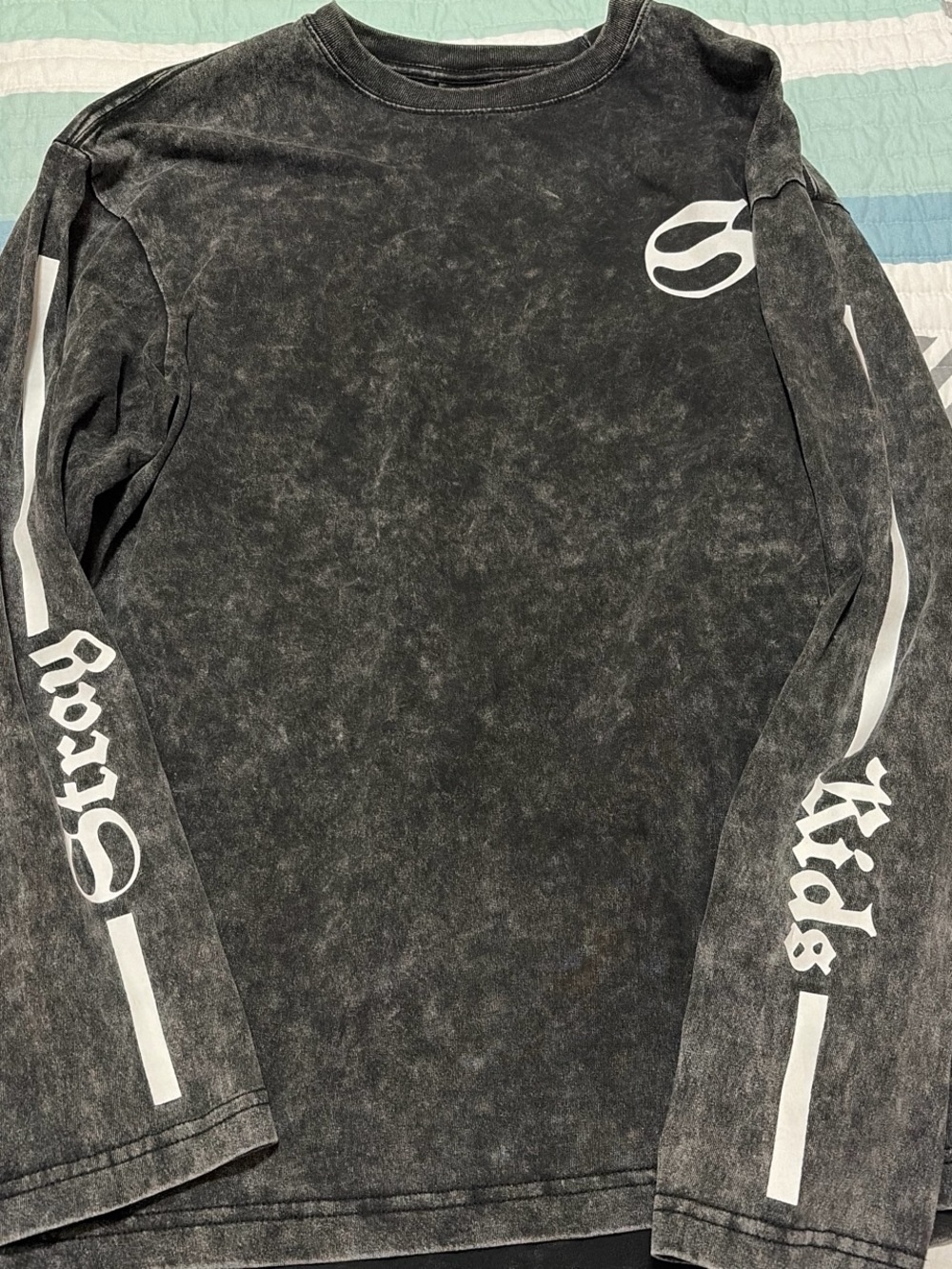 Black Acid-Wash Long Sleeve Graphic Tee with White Sleeve Prints
